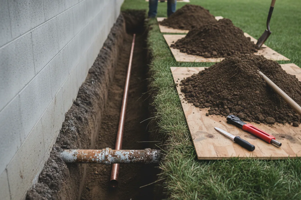 Excavated water line trench during Sewer Line Repair in Waldorf